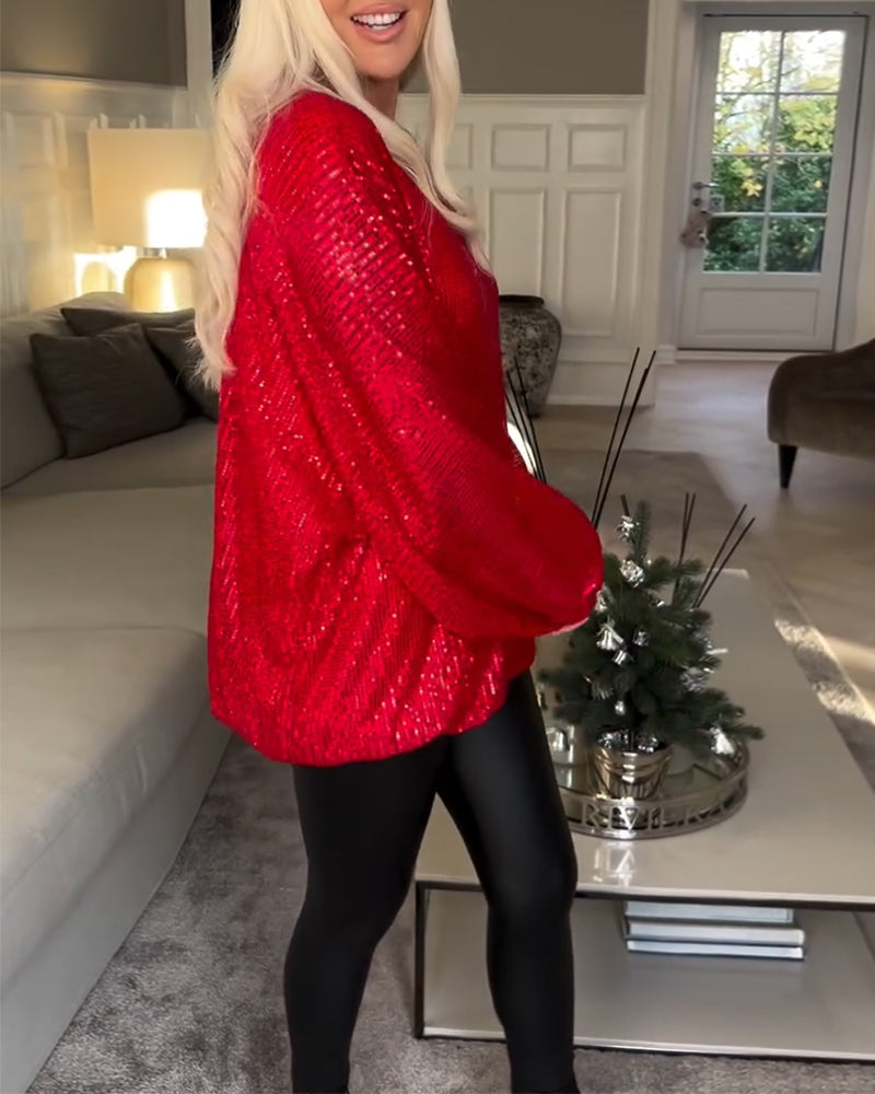 Top met ronde hals en ballonmouwen en pailletten