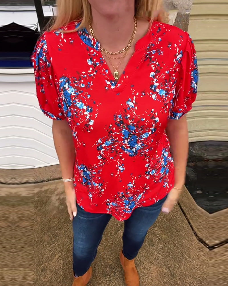 T-Shirt V-Hals Bloemenprint Korte Mouwen