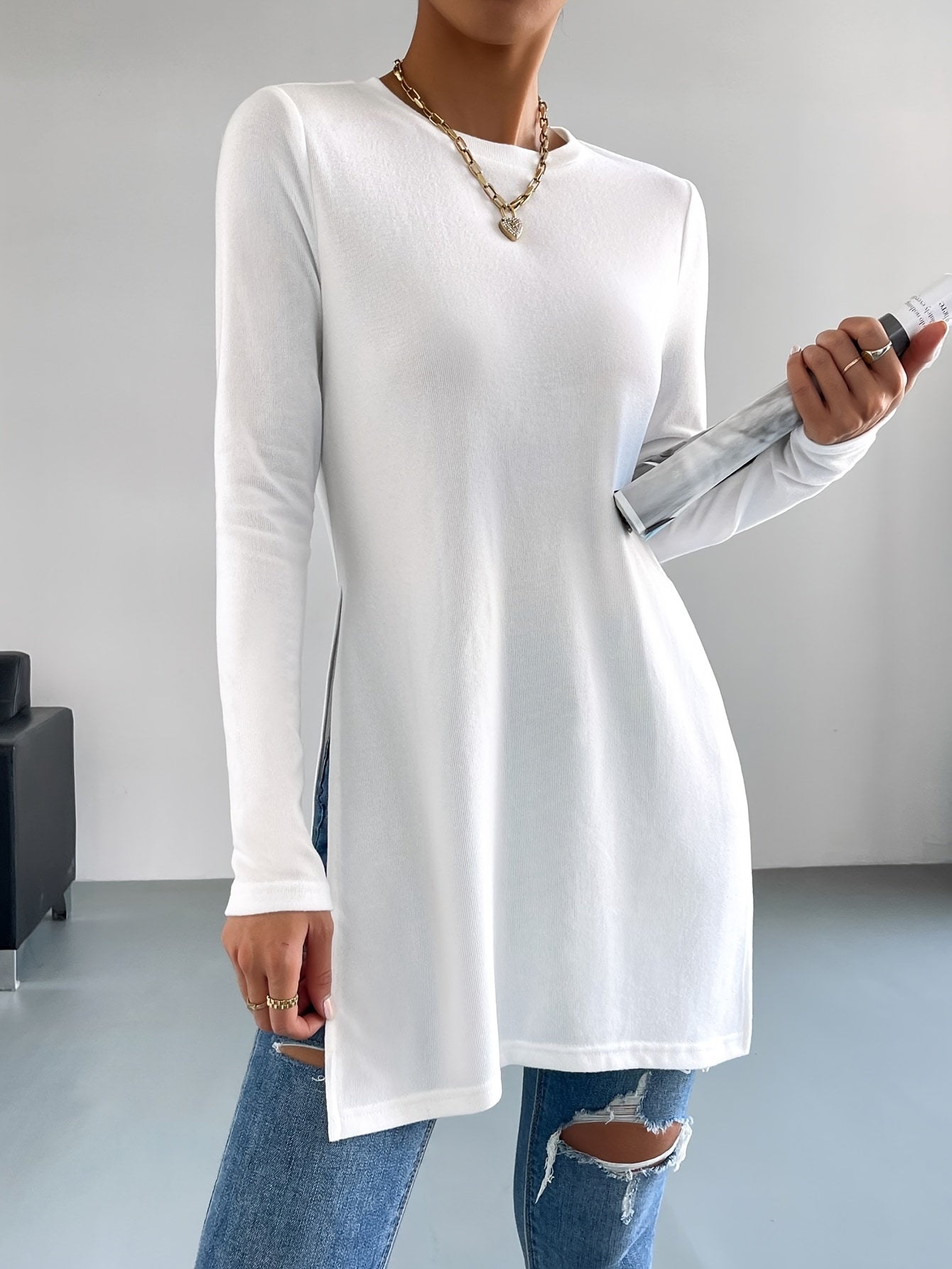 Lange mouw tuniek top - trendy dames top met zijsplitten