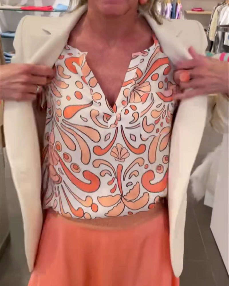 Casual blouse met V-hals en raglanmouwen met print