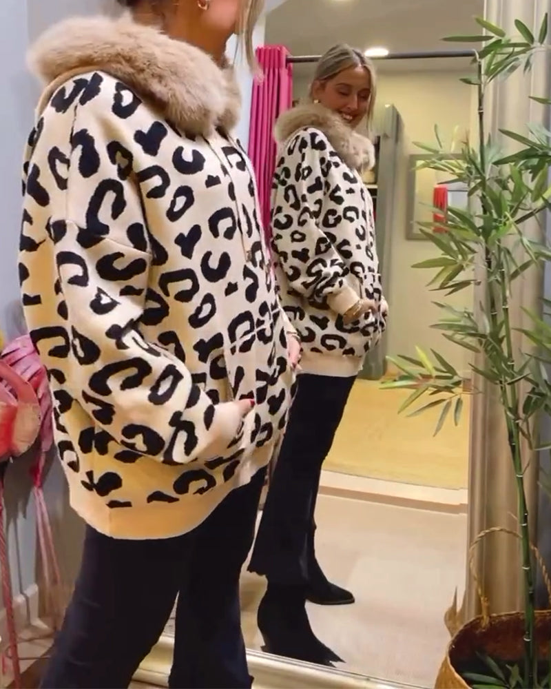 Sweatshirt met capuchon en luipaardprint met lange mouwen