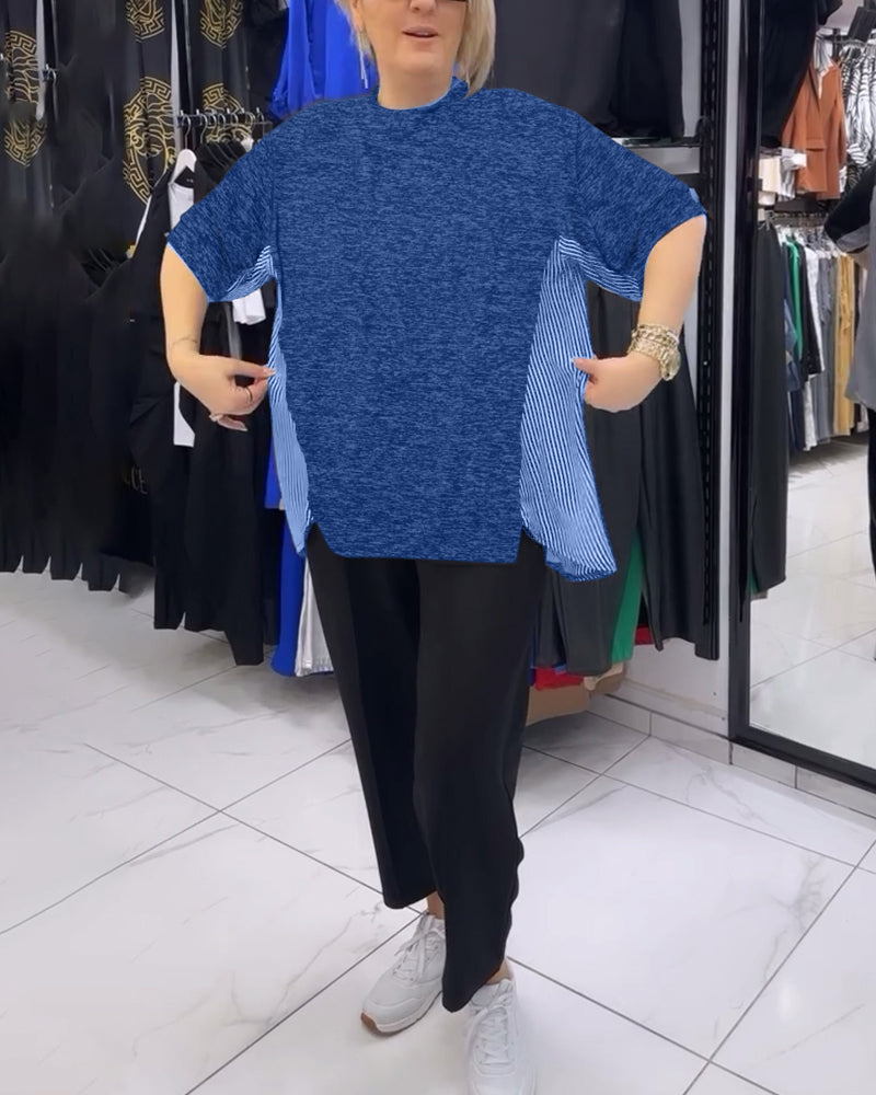 Casual blouse met patchwork en krijtstreep