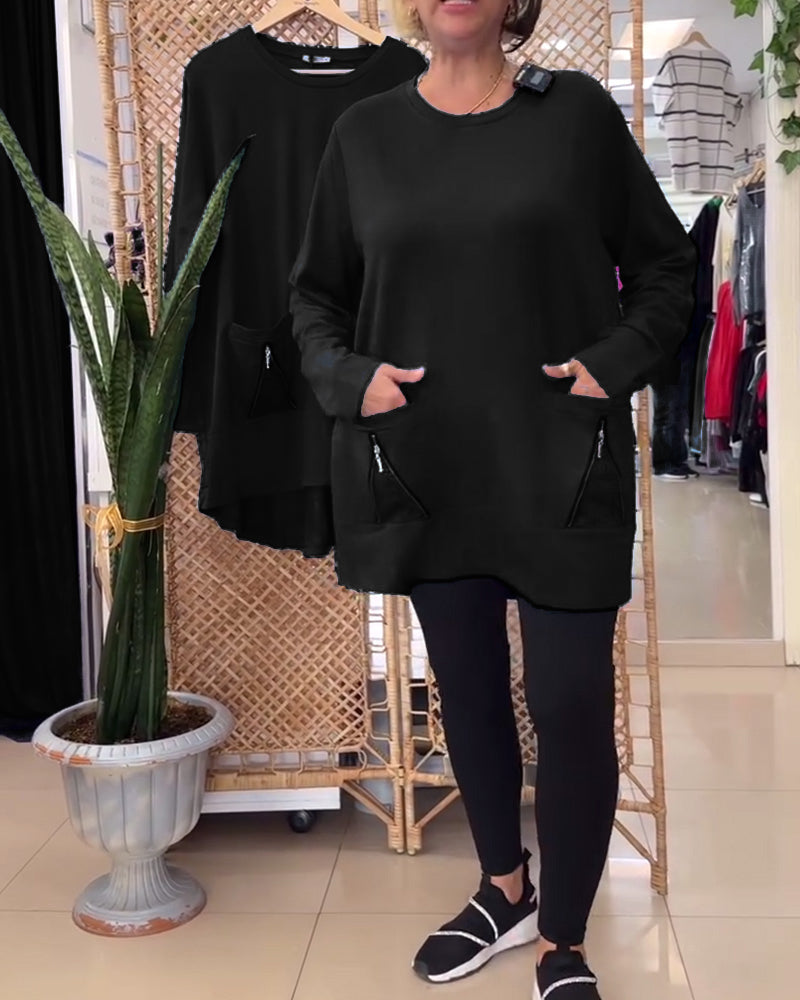 Sweatshirt ronde hals effen kleur ritszak