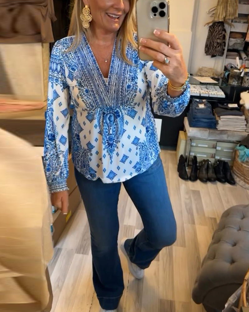 Casual top met V-hals en print