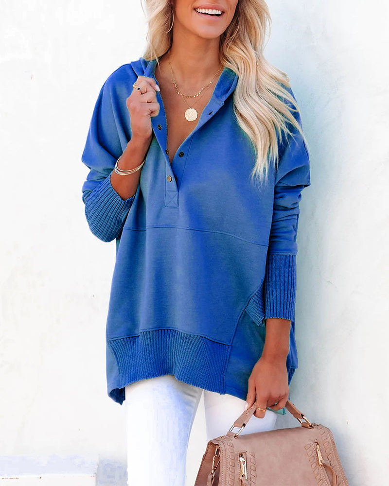 Sweatshirt casual v-hals capuchon effen kleur los