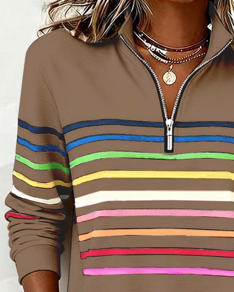 Modieuze Sweatshirt Met Halve Rits En Regenboogstrepen