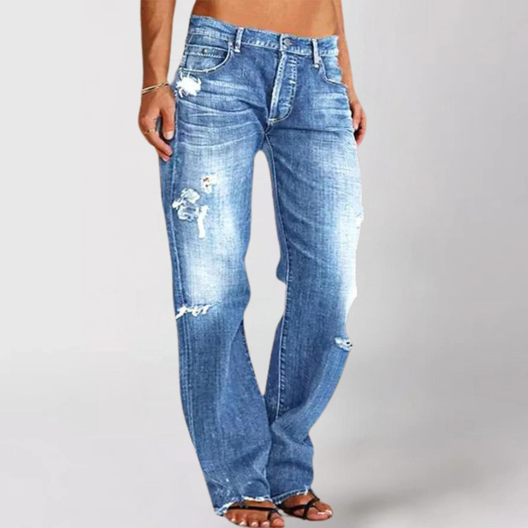 Dames jeans - versleten denim jeans voor een relaxte pasvorm