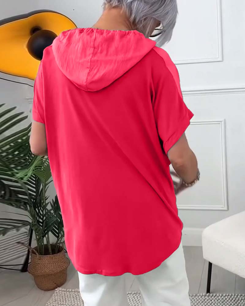 Casual blouse met korte mouwen en bloemenprint met capuchon