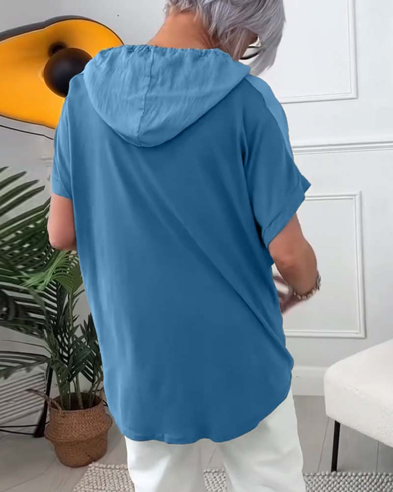 Casual blouse met korte mouwen en bloemenprint met capuchon