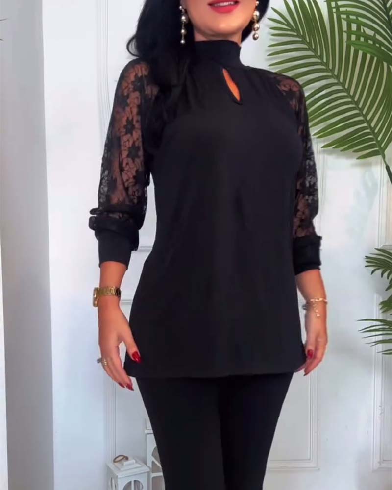 Top mode effen kleur gehaakt kant mouw patchwork