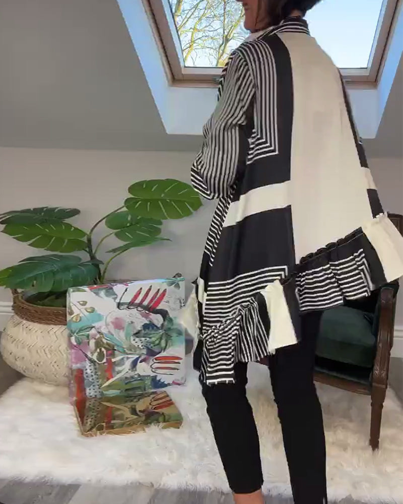 Modieus overhemd met onregelmatige patchwork-knopen en print