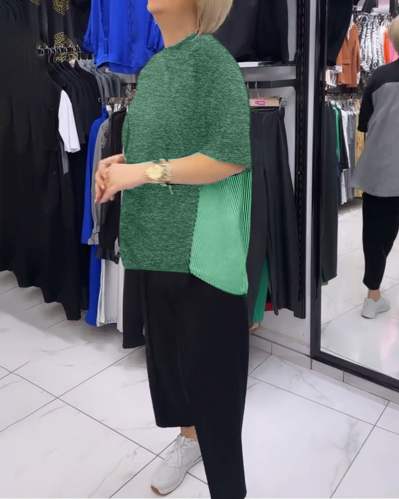 Casual blouse met patchwork en krijtstreep