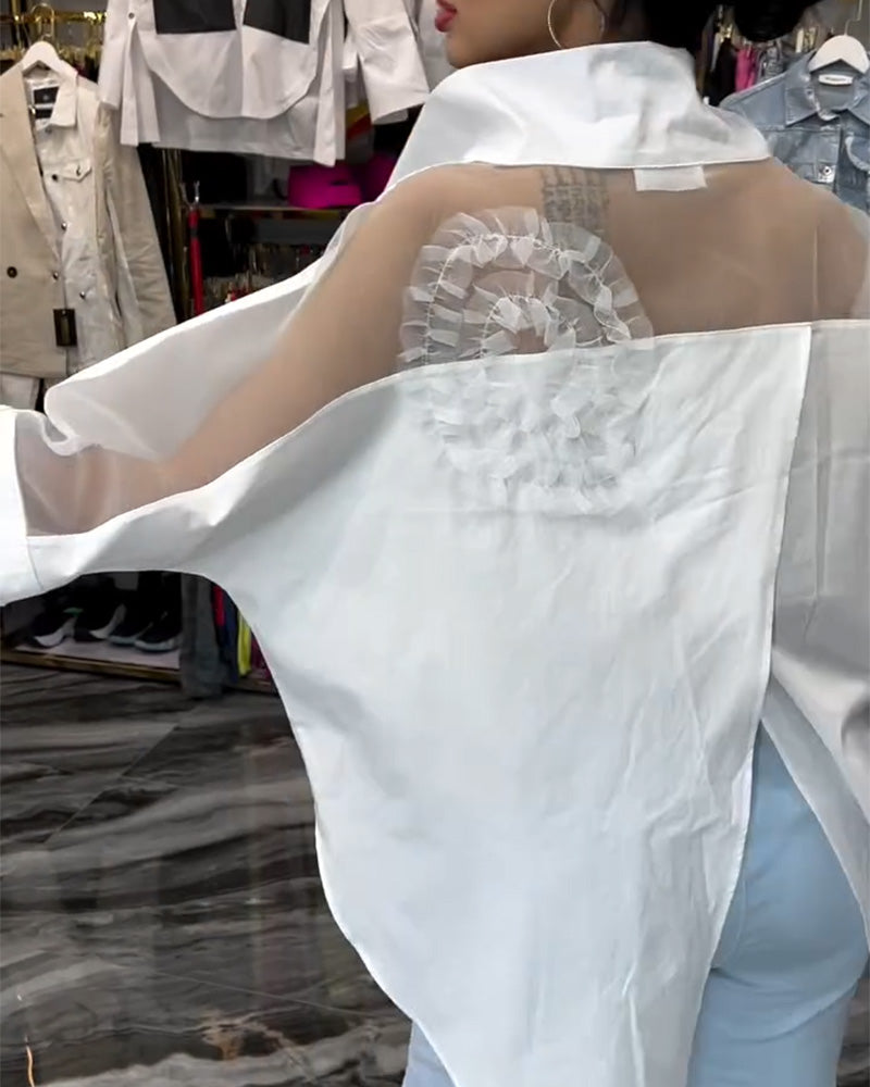 Revers kanten patchwork bloemenblouse