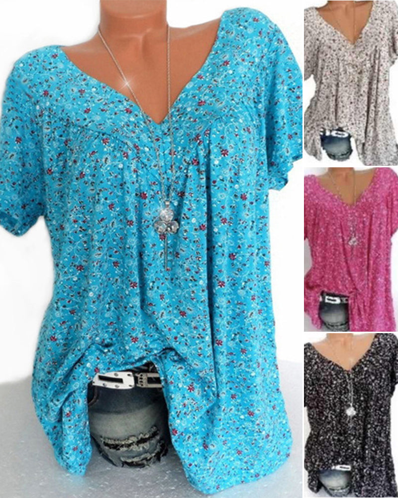 Los T-shirt met korte mouwen en V-hals