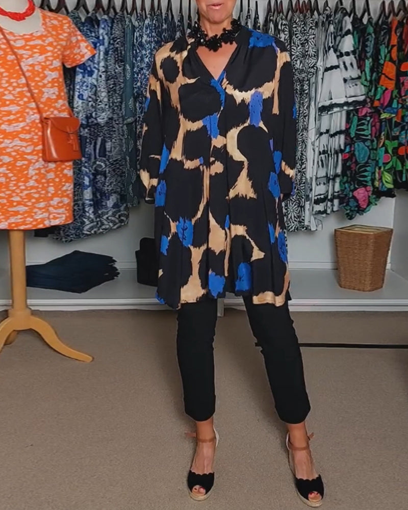 Contrasterende kleur print V-hals casual blouse met lange mouwen