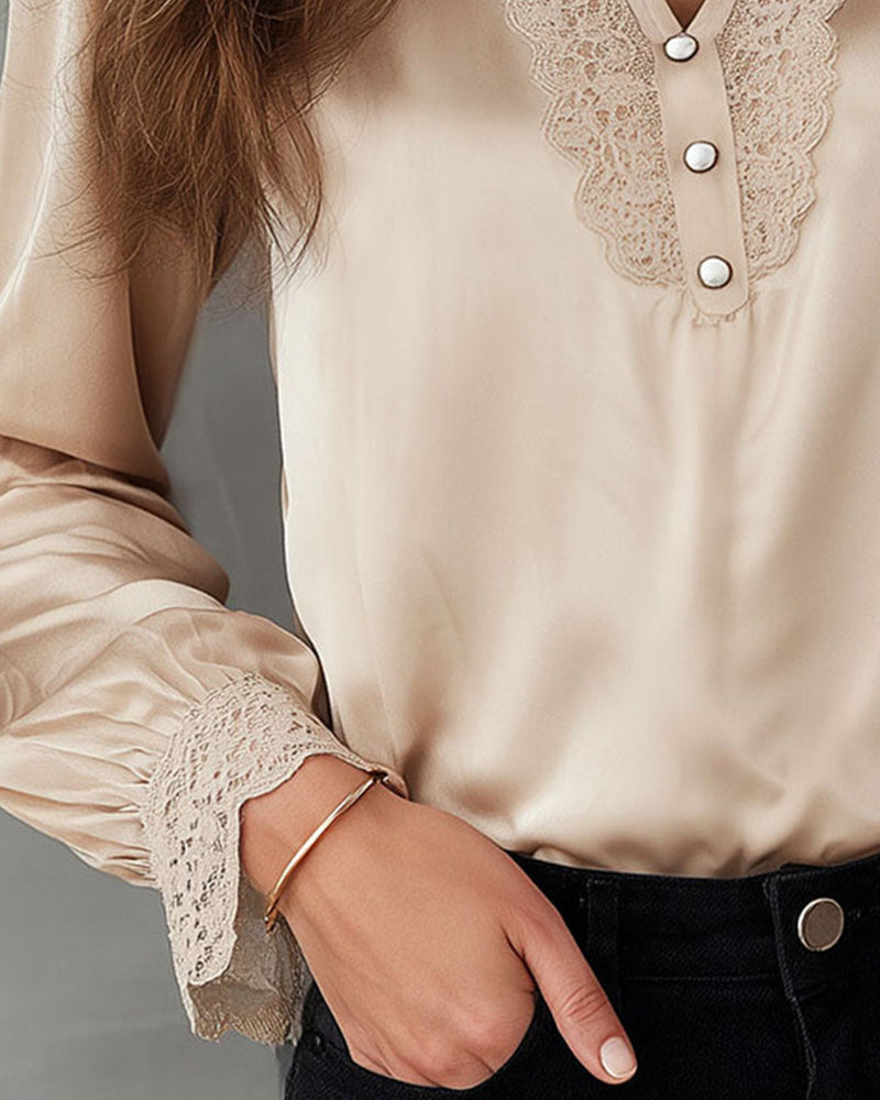 Elegante Effen Blouse Met Patchworkdetails En V-Hals