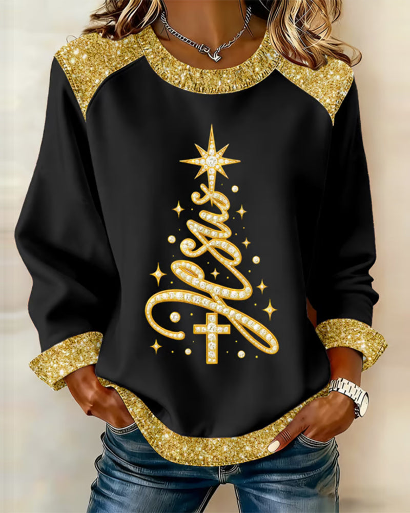 Gedrukte Sweatshirt Met Kerstboom En Ronde Hals