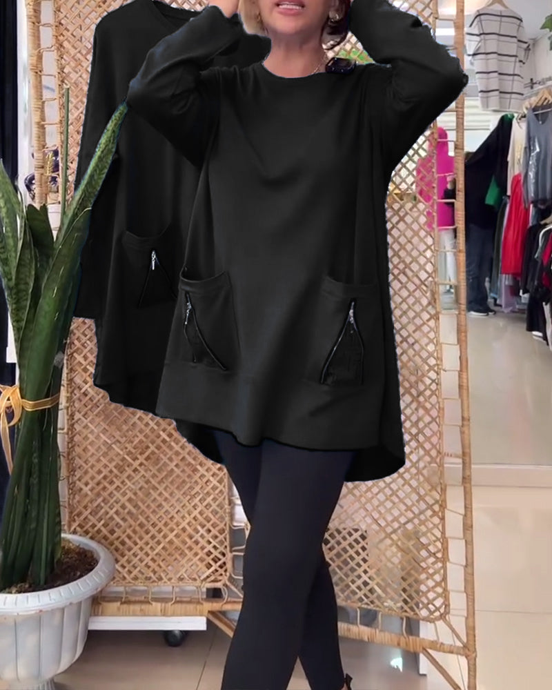 Sweatshirt ronde hals effen kleur ritszak