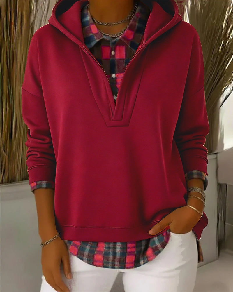 Hoodie Nep-Tweedelig Geruit Patchwork