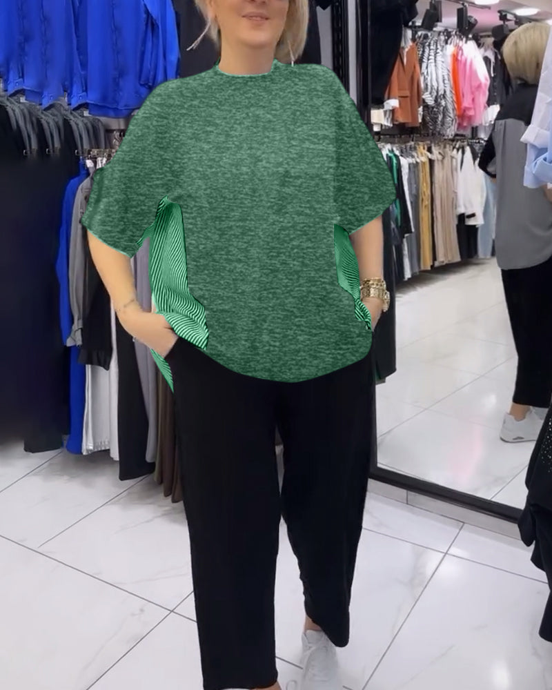 Casual blouse met patchwork en krijtstreep