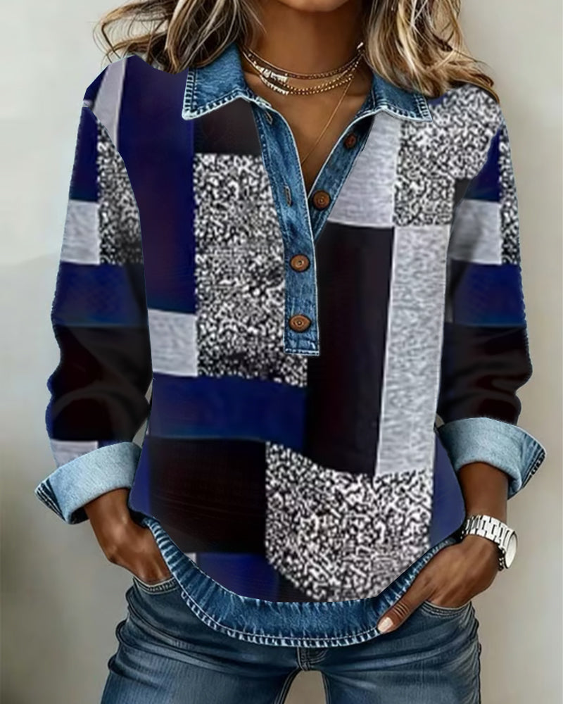 Sweater Denim Patchwork Print Casual