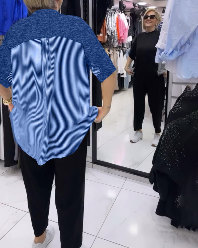 Casual blouse met patchwork en krijtstreep