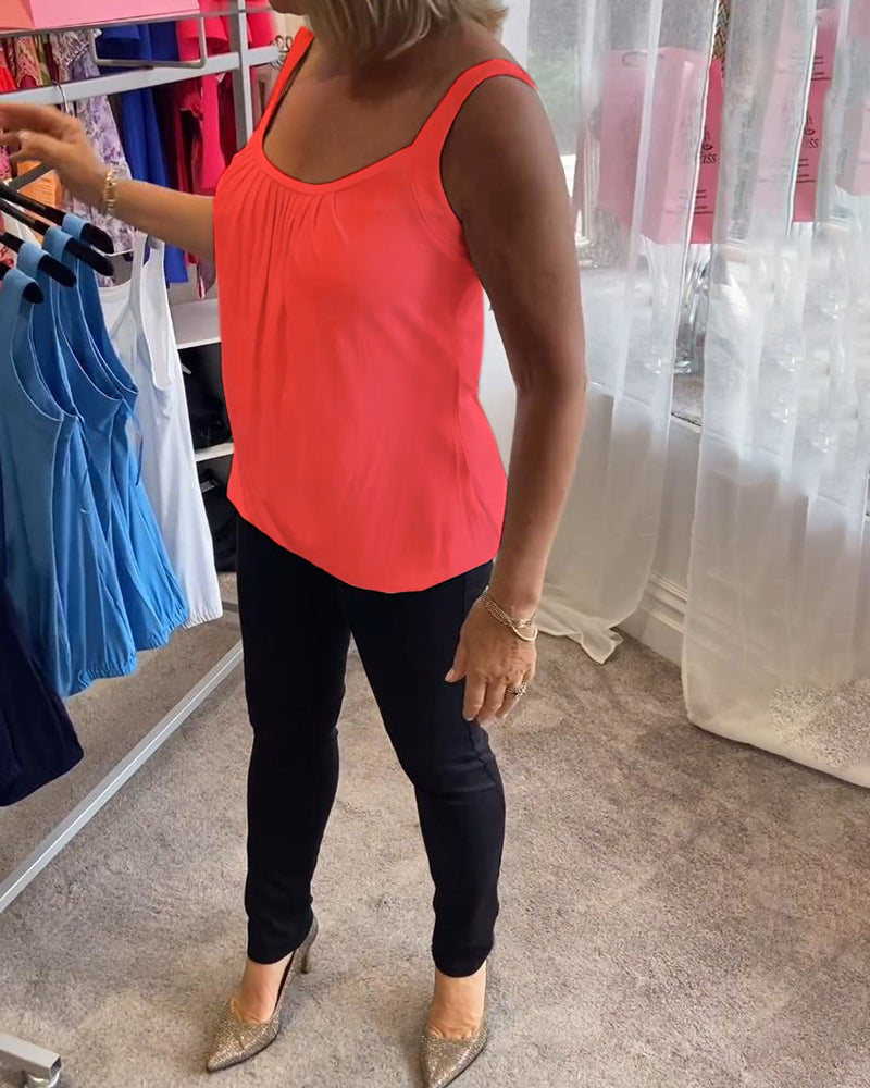 Casual mouwloze top met plooi en effen kleur