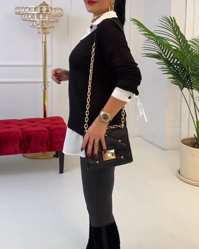 Top Zwart En Wit Patchwork Revers