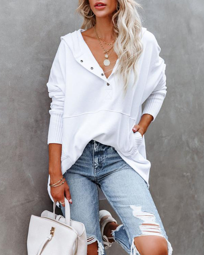 Sweatshirt casual v-hals capuchon effen kleur los