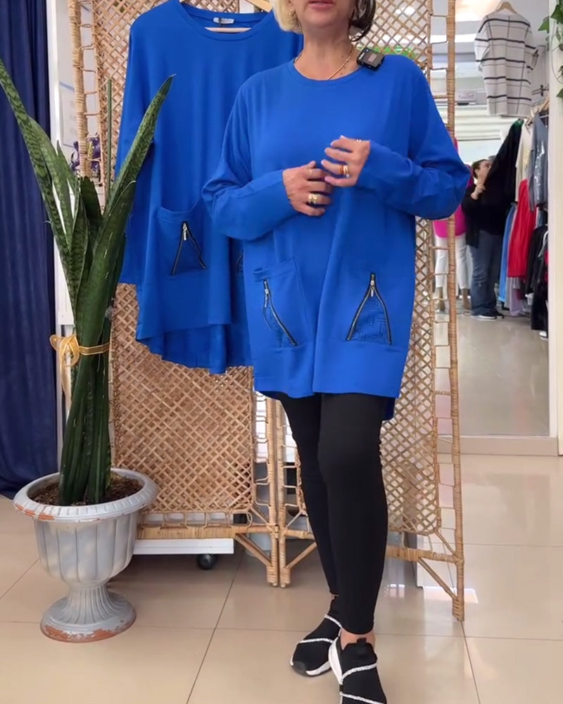 Sweatshirt ronde hals effen kleur ritszak