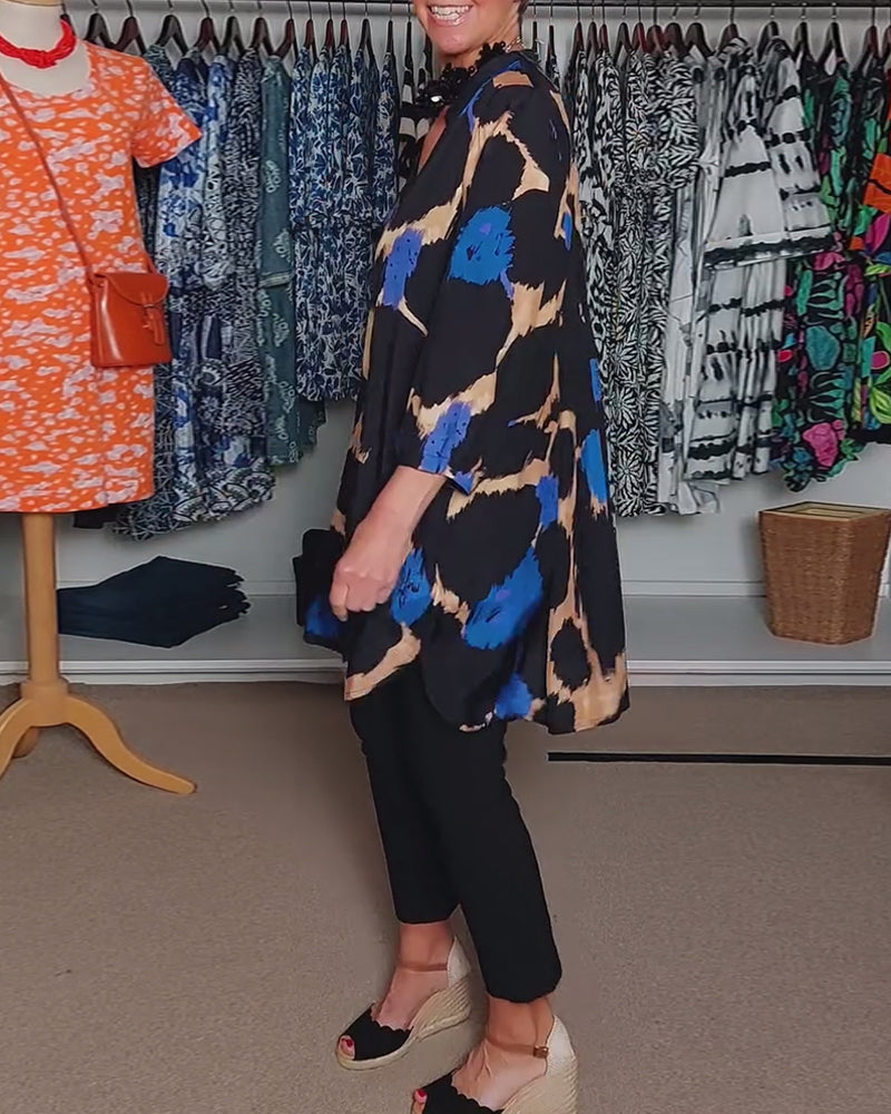 Contrasterende kleur print V-hals casual blouse met lange mouwen