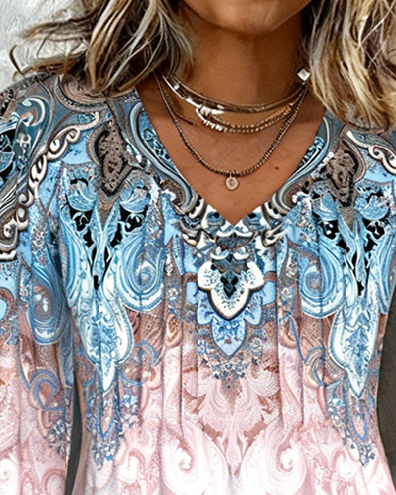 Top Lantaarnmouw V-Hals Gedrukt