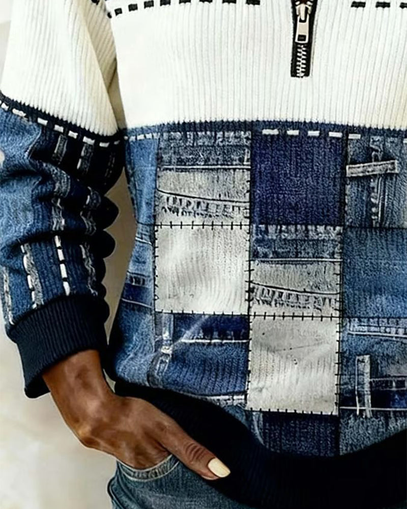 Retro Sweatshirt Met Half-Zip Kraag