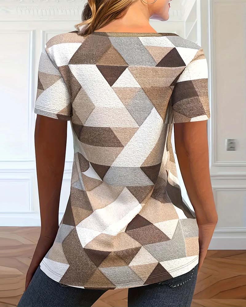 T-shirt Met Casual Kleurblok U-vormig Hals