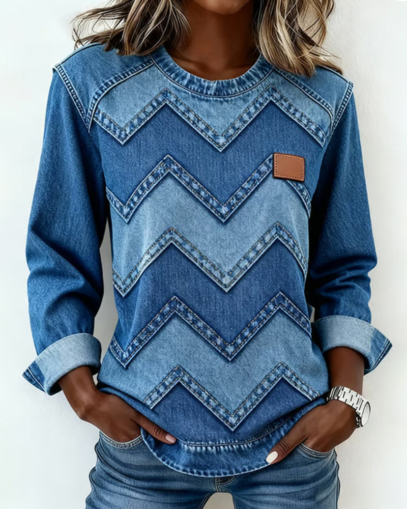Casual Langmouwige Sweatshirt Met Denim Print