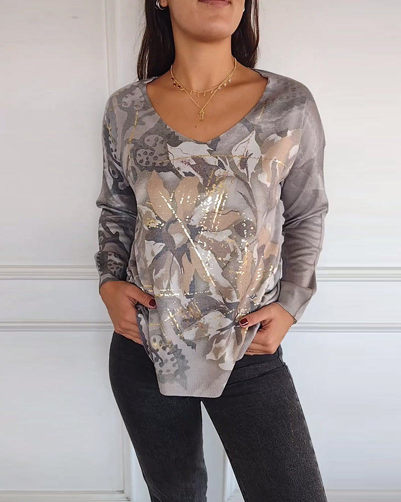 Vintage top met V-hals en lange mouwen met bloemenprint