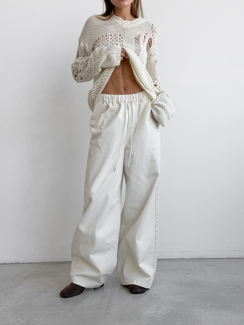 Dames hoge taille wijde pijpen broek - gezellige katoenmix wit casual chic