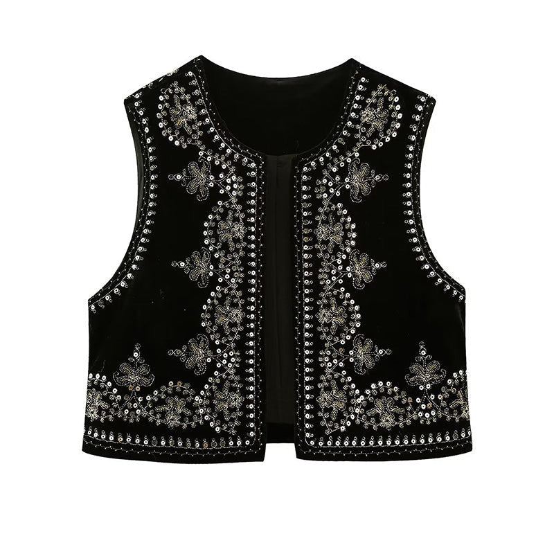 Zwarte geborduurde gilet - elegante mouwloze jas voor dames