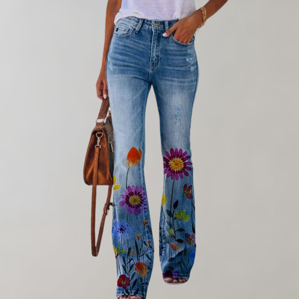 Florale flared jeans - stijlvolle damesjeans met een kleurrijk bloemenpatroon