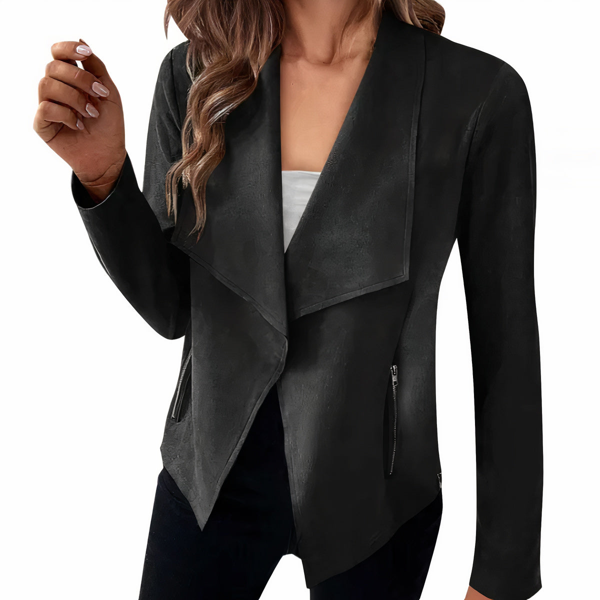 Dames suede blazer - stijlvolle open voorkant jas voor elke gelegenheid
