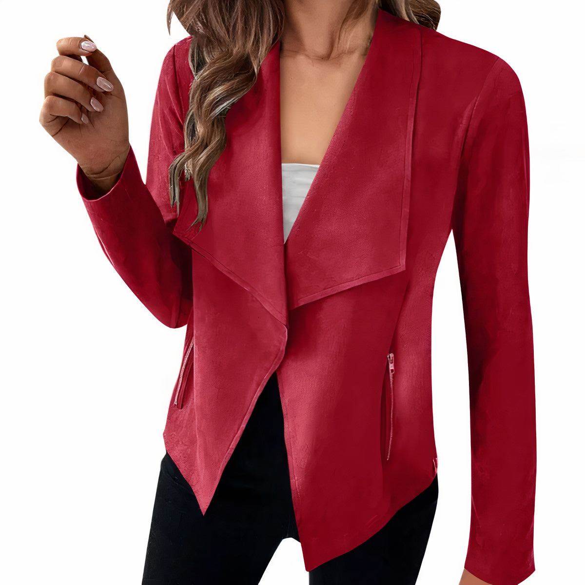 Dames suede blazer - stijlvolle open voorkant jas voor elke gelegenheid