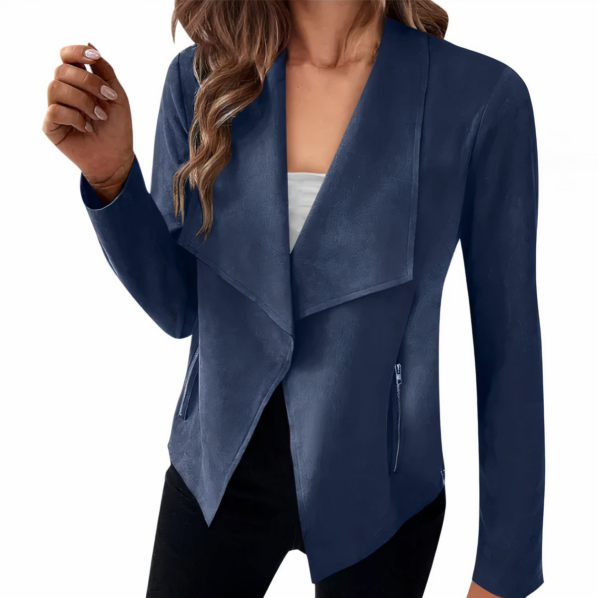 Dames suede blazer - stijlvolle open voorkant jas voor elke gelegenheid