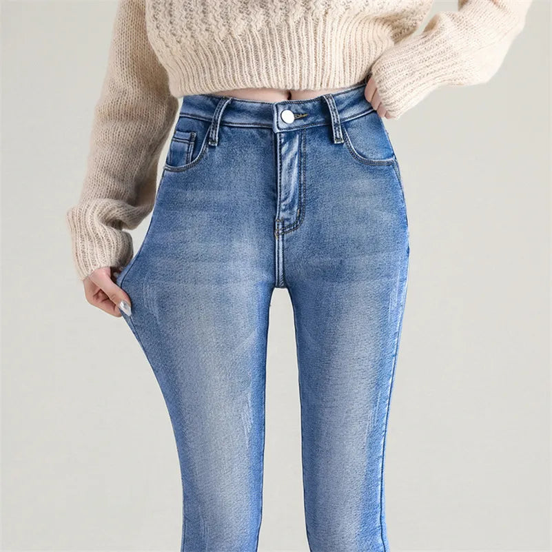 Vrouwen jeans met hoge taille en warme pluche binnenvoering - comfortabele skinny fit dames