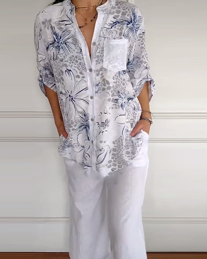 Shirt Staande Kraag Gedrukte Zak