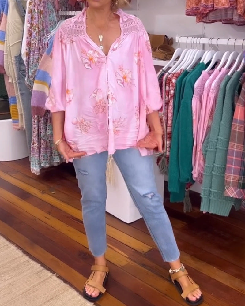 Shirt met V-hals en zachte print