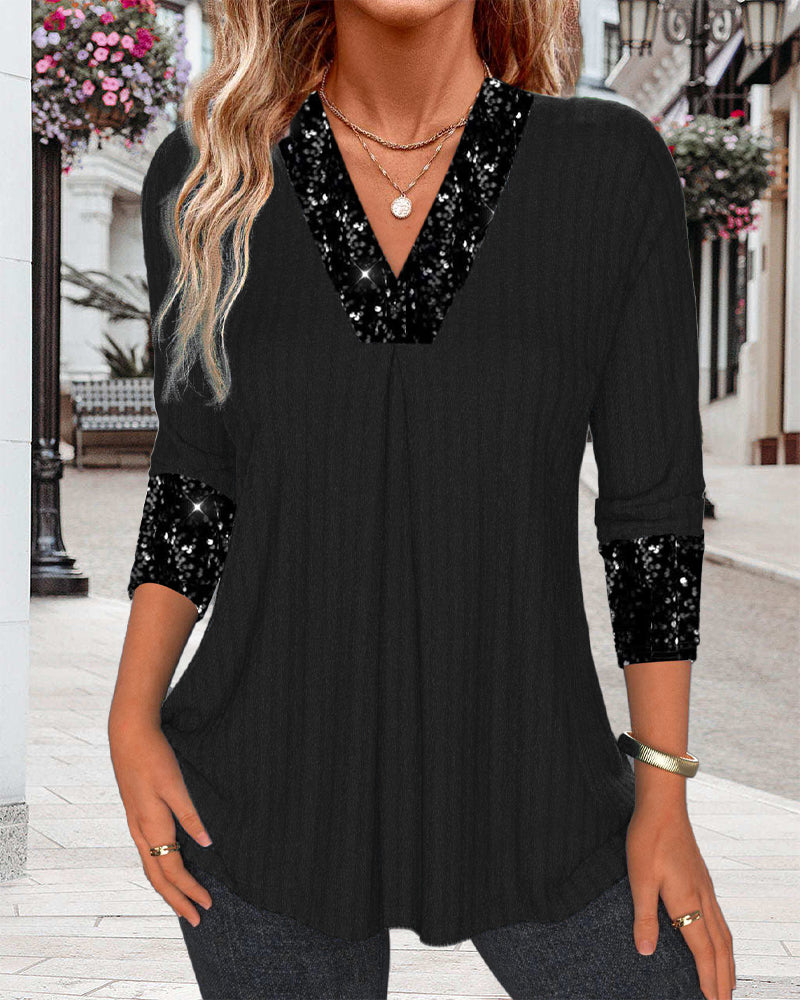 Casual effen top met pailletten patchwork en plooien