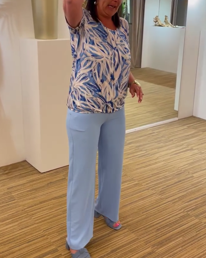 Geplooide blouse met korte mouwen en ronde hals met print