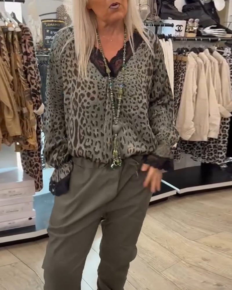 Mode luipaard print blouse met V-hals en kant patchwork