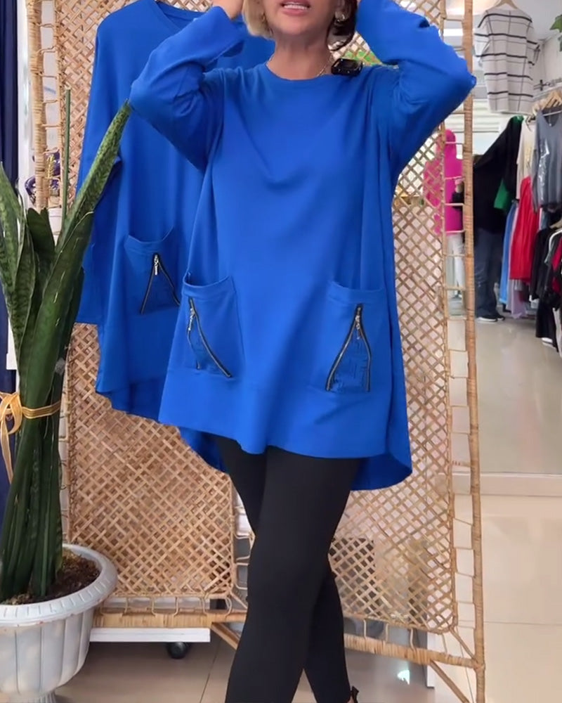 Sweatshirt ronde hals effen kleur ritszak