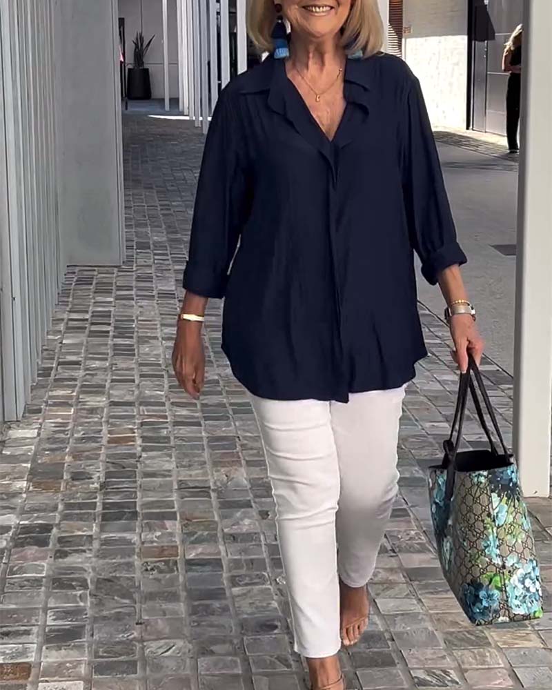 Revers effen kleur losse blouse